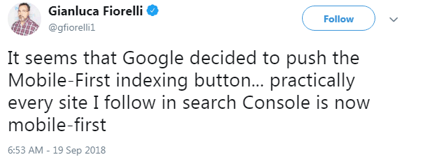Screenshot of a tweet by Gianluca Fiorelli about increase in mobile index inclusion notifications from Google Search Console.