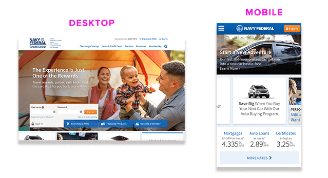 Navy Federal homepage desktop and mobile