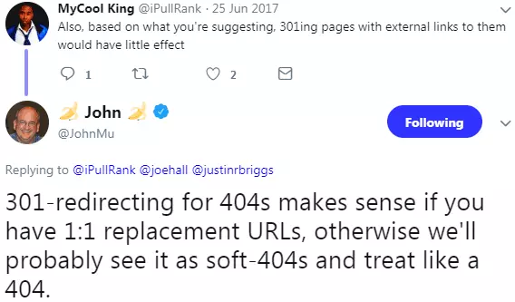 Screenshot of John Mueller on Twitter answering why Google will or will not pass PageRank in 301 redirects