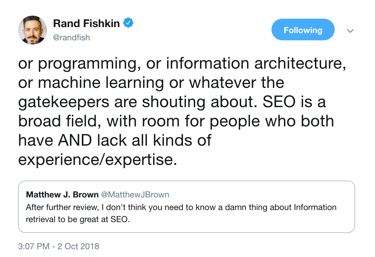 Rand Fishkin's Tweet Regarding SEO experience/expertise