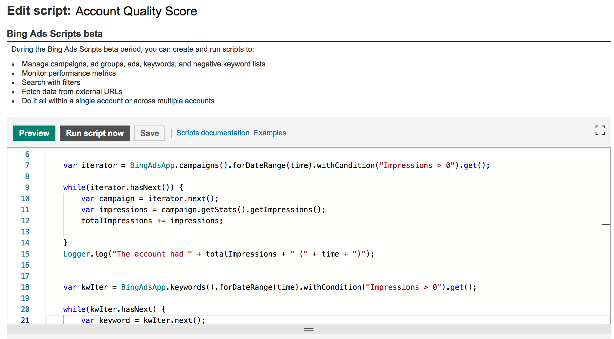 A Bing Ads Script for Checking Account Quality Score