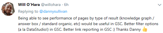Screenshot of a tweet asking for more granular data in the GSC