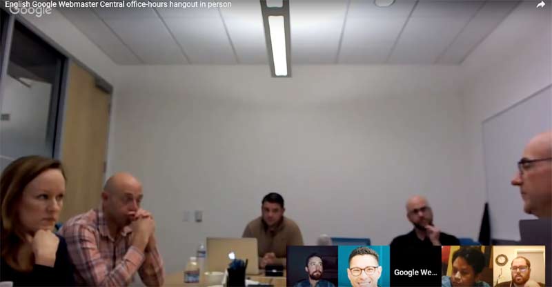 Screenshot of a webmaster hangout featuring Google's John Mueller