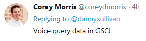 Screenshot of tweet asking for voice search data in GSC