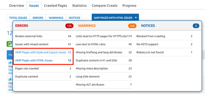 SEMrush Site Audit AMP Checking