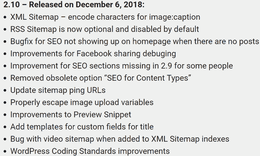 Screenshot of All in One SEO Pack Changelog of most recent update