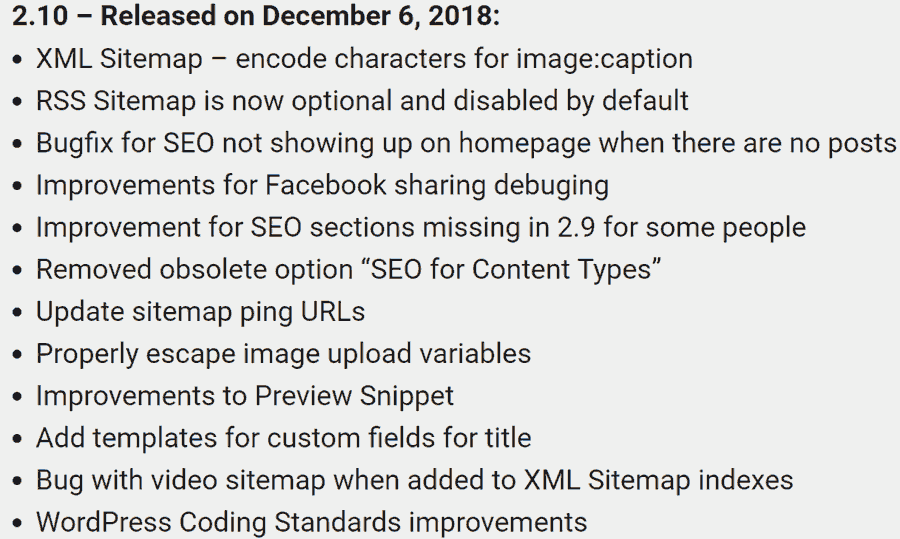 Screenshot of All in One SEO Pack Changelog taken on December 11, 2018