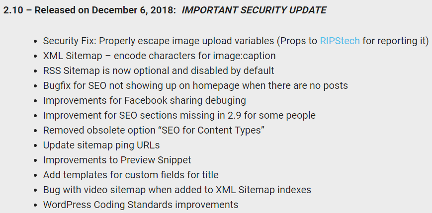 Screenshot of the newly altered changelog by All in One SEO Pack