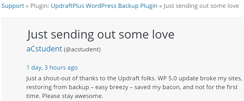 Screenshot of a testimonial about UpdraftPlus backup Plugin for WordPress