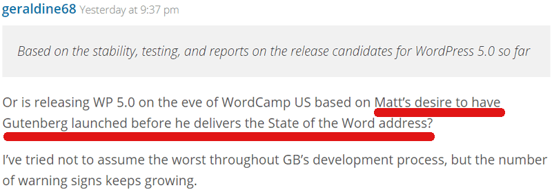 screenshot of a comment about the timing of the release of WordPress 5.0