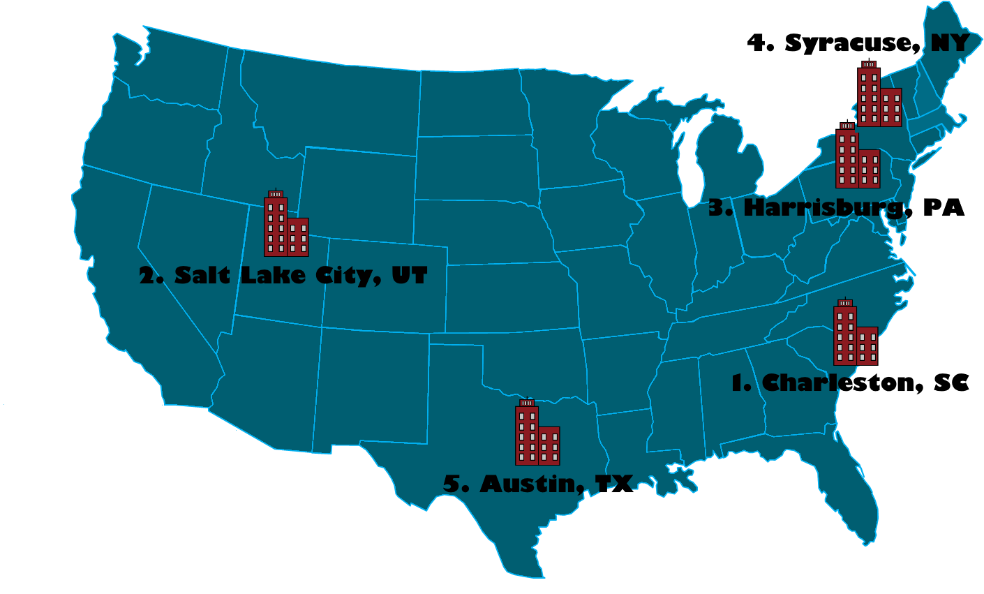 Best cities to get an SEO job. Number 1 is Charleston, South Carolina. Number 2 is Salt Lake City, Utah. Number 3 is Harrisburg, Pennsylvania. Number 4 is Syracuse, New York. Number 5 is Austin, Texas.