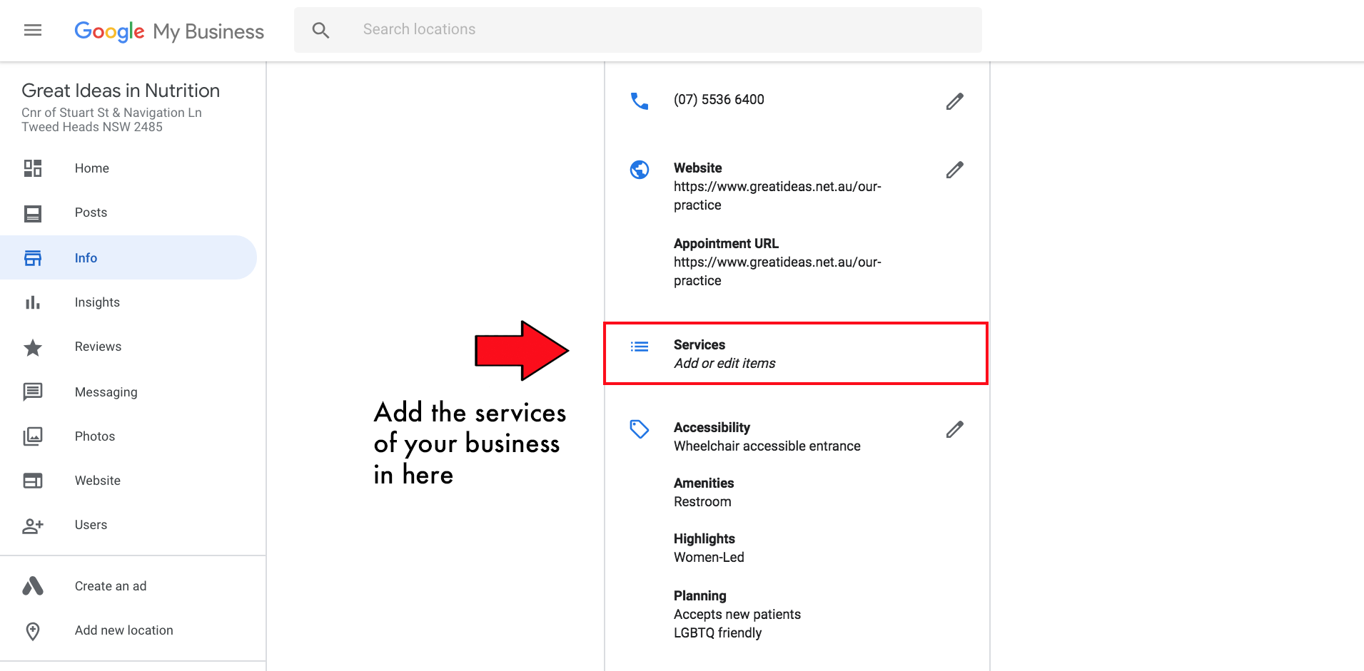 Adding Services to Google My Business Example