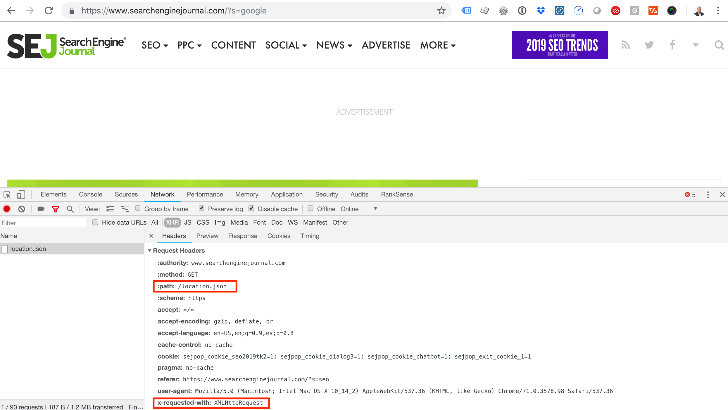 Screenshot showing how to check the request headers of a JSON file using Chrome Developer tools. The path of the json file is highlighted, as is the x-requested-with header.