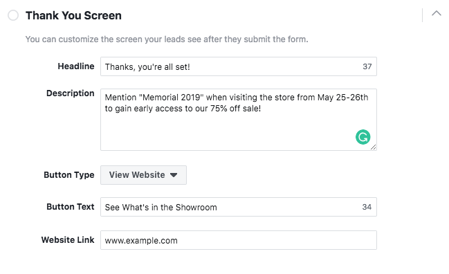 Facebook Lead Gen Ads - Thank You Screen for Early Access Example