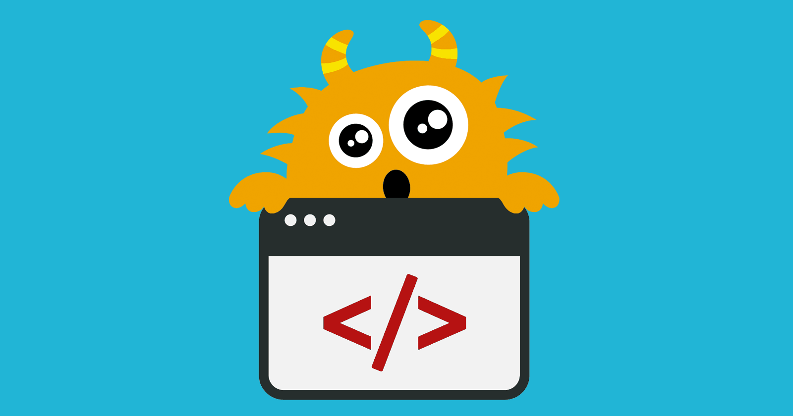 Image of a bug monster hovering over an image representing code.