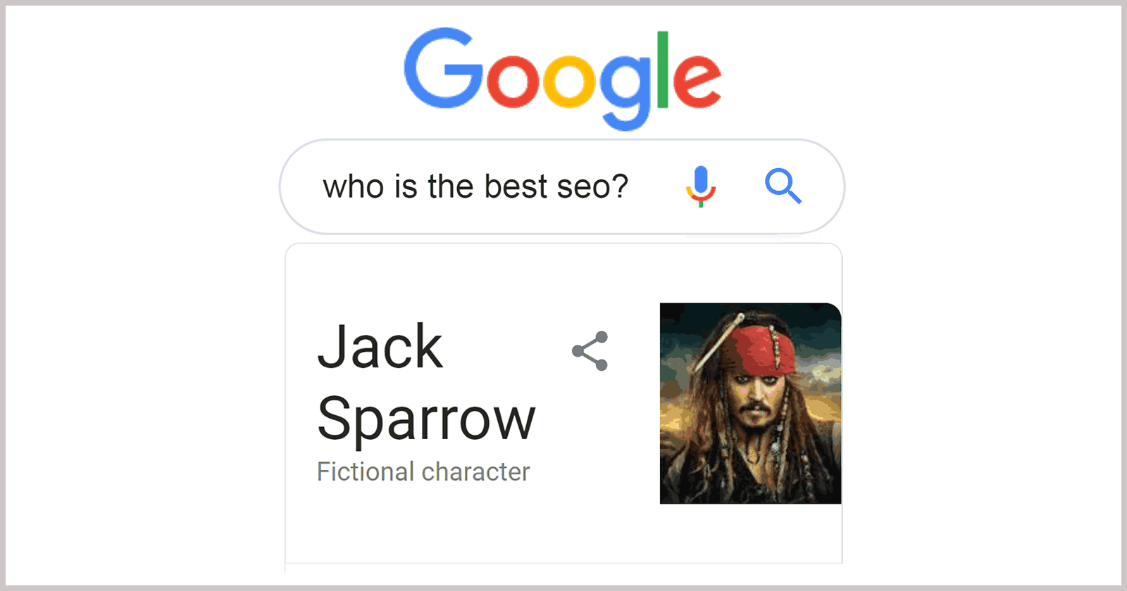 screenshot of a Google search result showing a fictional character as the knowledge panel result for the phrase, who is the best seo