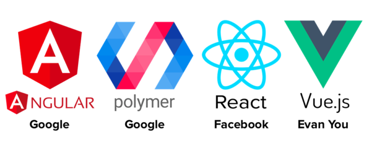 Angular, Polymer, React and Vue JavaScript framework logos