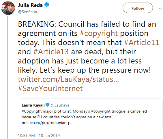 Screenshot of a tweet by Julia Reda