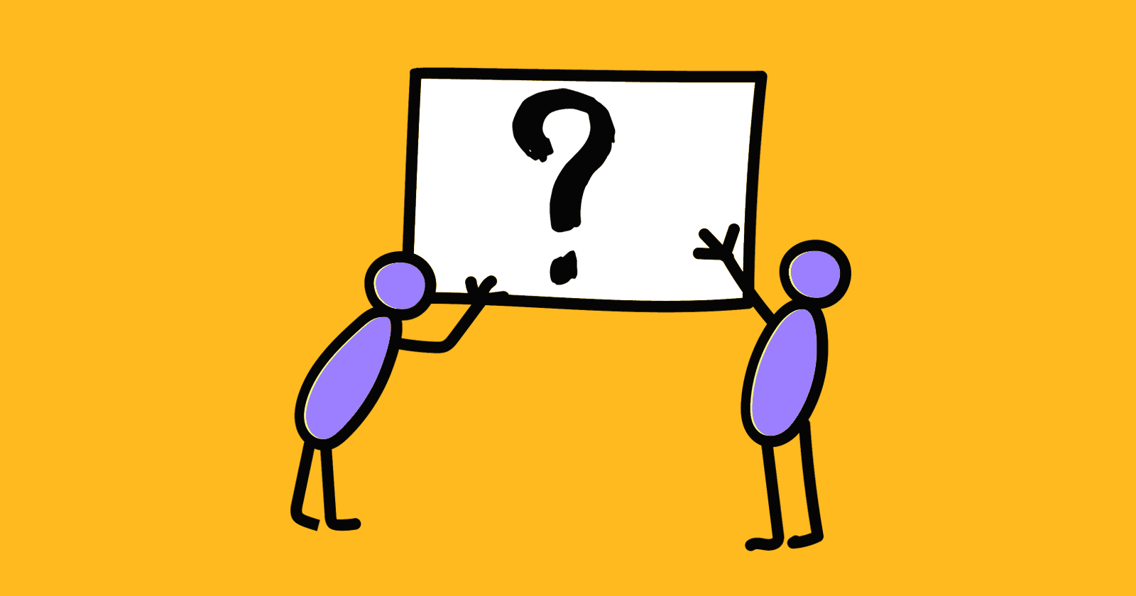Image of two stick figures holding a large white rectangle with a question mark. Represents Googlebot not understanding a web page.