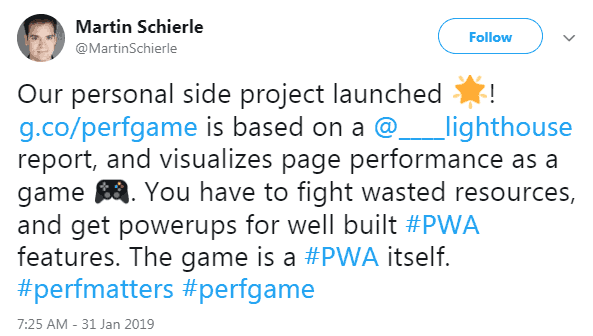 Screenshot of a tweet by a Googler announcing the release of The Performance Game