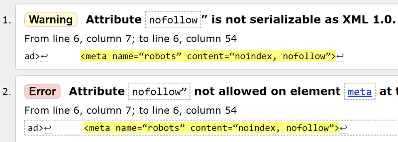 Screenshot of the W3C HTML Validator showing how it caught the HTML coding error.