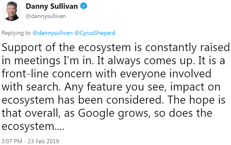 Screenshot of a tweet by Google's Danny Sullivan