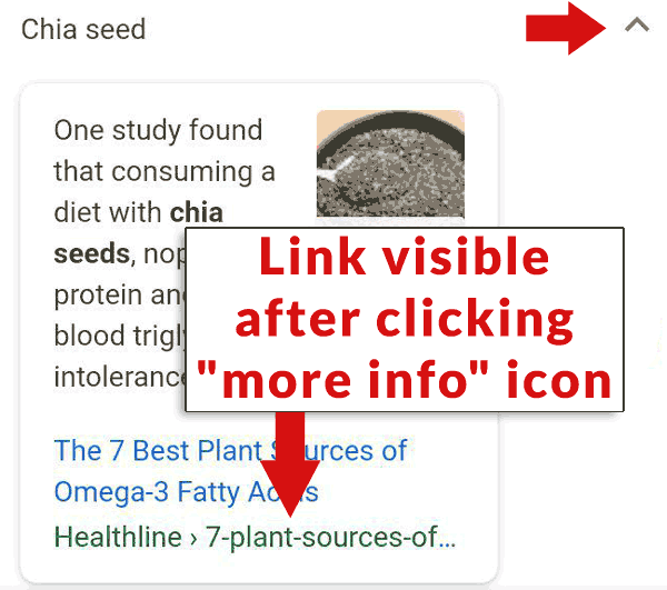 Screenshot of the featured snippet once the the "more info" icon has been clicked.