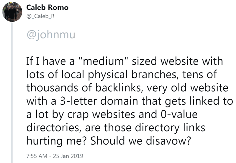 Screenshot of a tweet asking a question to John Mueller