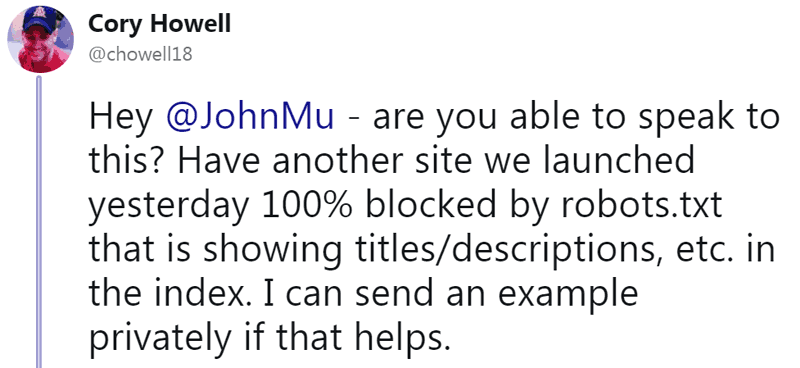 Screenshot of a tweet by a person who says Google indexed a web page that was blocked by Robots.txt