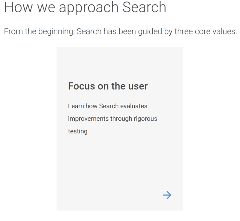 A screenshot from Google's How Search Works page, showing that the leading core value is Focus on the User.