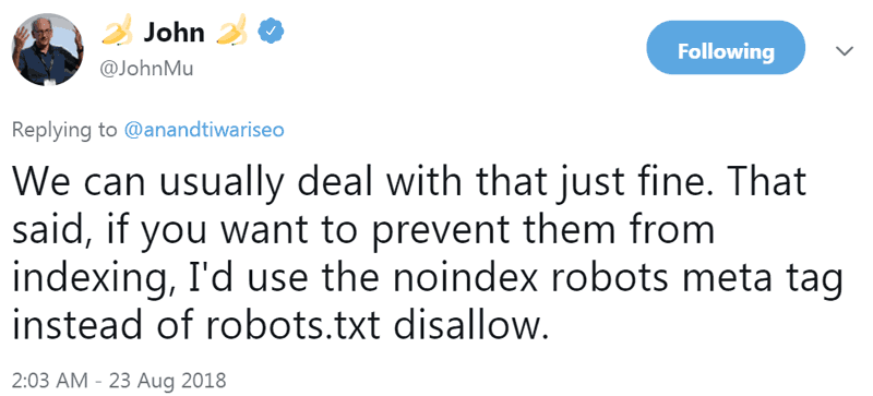 Screenshot of a tweet by Google's John Mueller recommending the noindex meta tag to prevent Google from indexing a web page