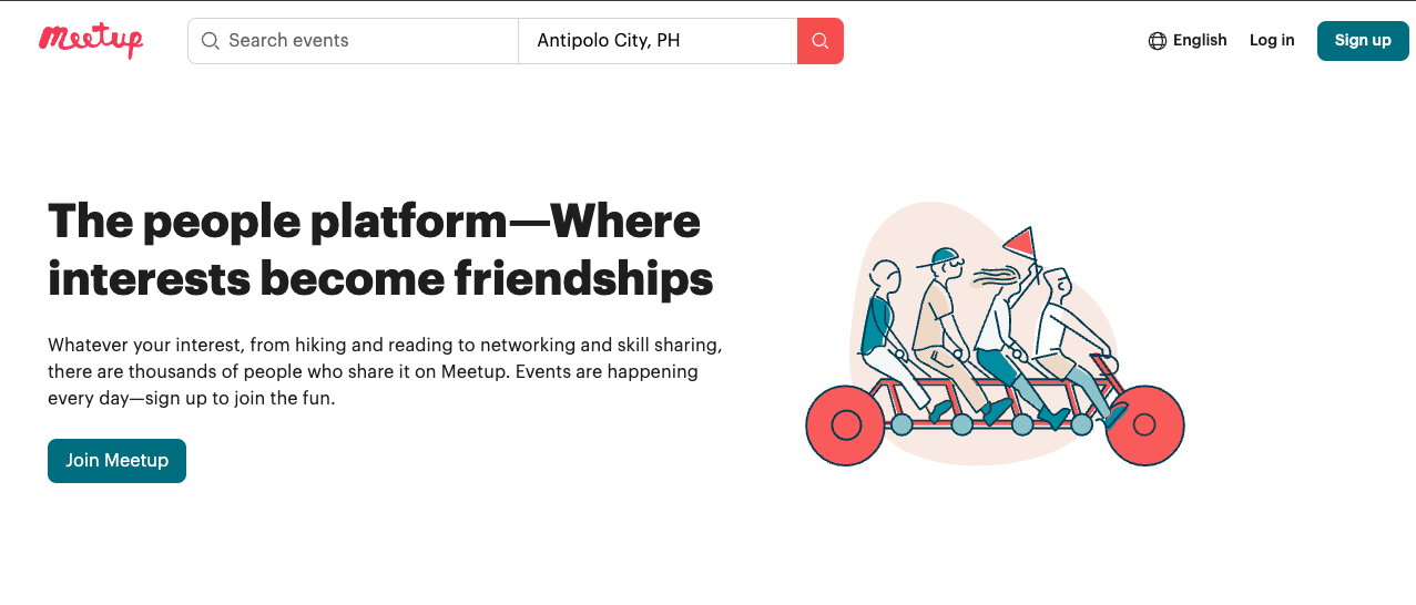 The header of the meetup homepage depicts a diverse group of people riding a tandem bicycle, symbolizing shared activities that lead to friendships, with the tagline 