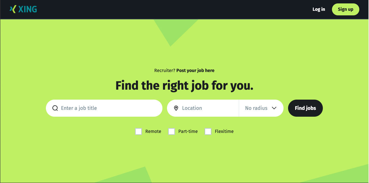 Webpage screenshot of professional networking platform xing, featuring search fields for job title and location with options "remote," "part-time," and "flexible," and a "find jobs" button.