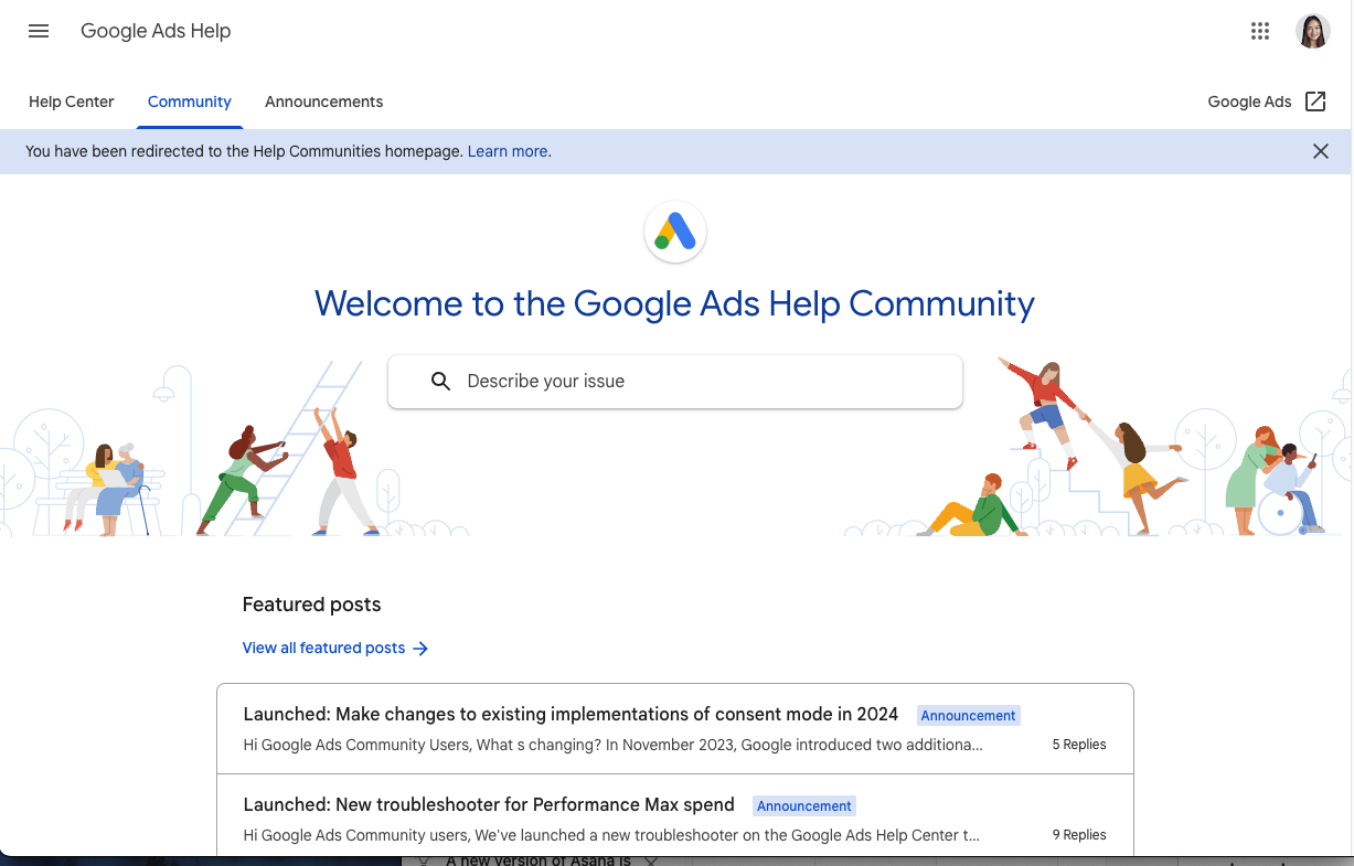Screenshot of the Google Ads Help Community homepage, featuring a search bar, various posts, and a colorful illustration of people engaging in different activities like running and reading on professional networking platforms.