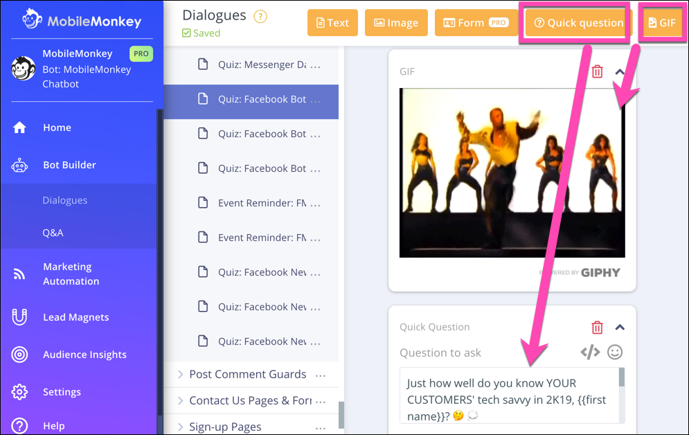 chatbot builder with gif and quick question