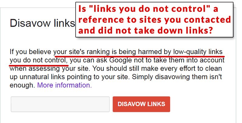 Screenshot of the wording on the disavow tool