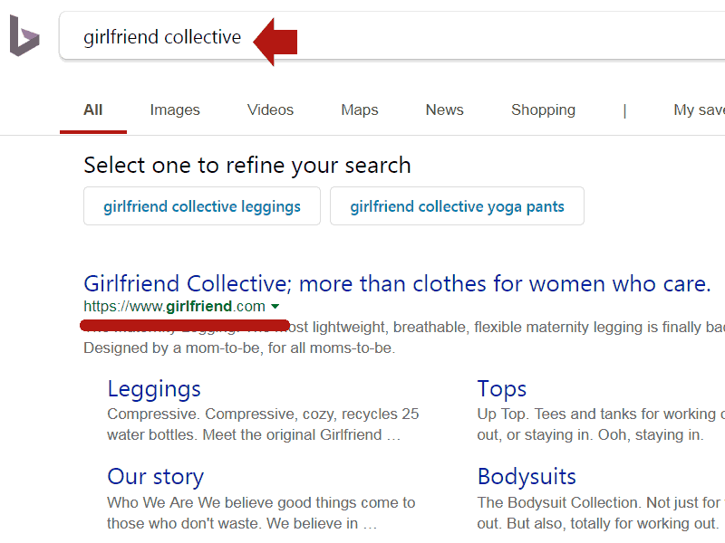 Screenshot of Bing search results showing that it ranks Girlfriend.com in a normal manner