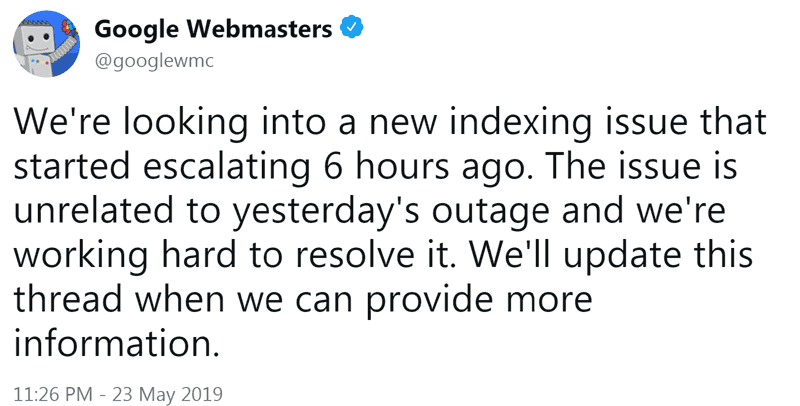 Screenshot of Google's tweet announcing a new indexing issue.