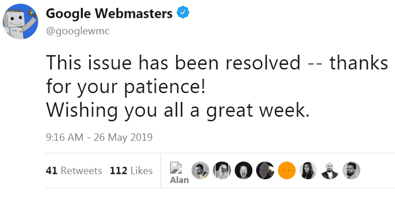 Screenshot of Google's tweet announcing that Google's indexing issue has been resolved.