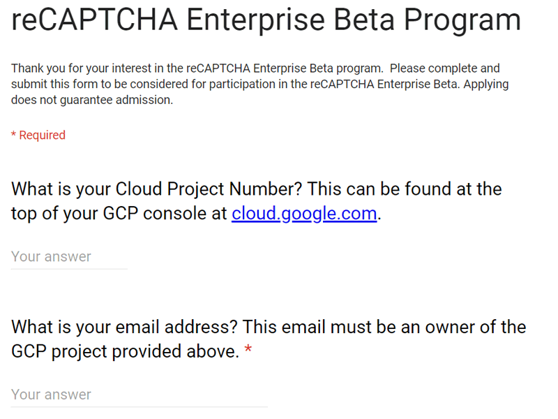 Screenshot of reCAPTCHA Enterprise sign up form