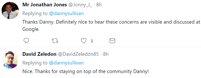 Screenshot of tweets with positive response to Danny Sullivan