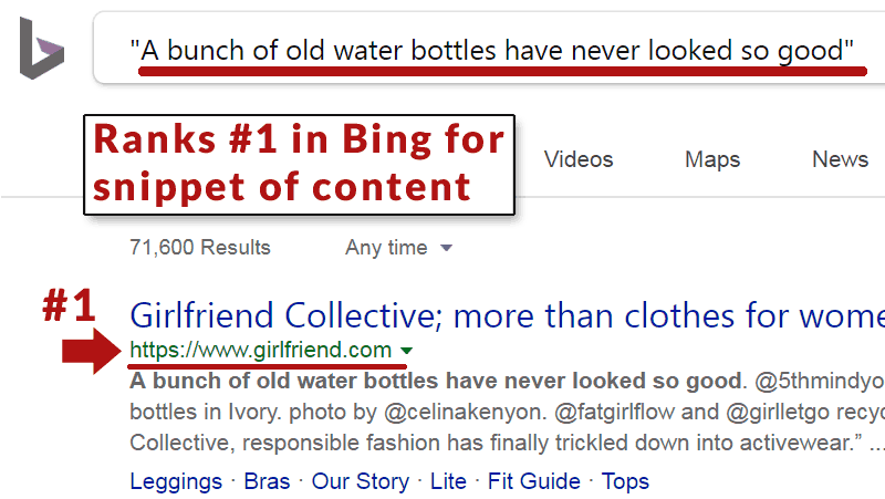 Screenshot of a Bing search result that is ranking Girlfriend.com number one