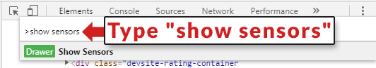 show sensors command menu in Chrome DevTools