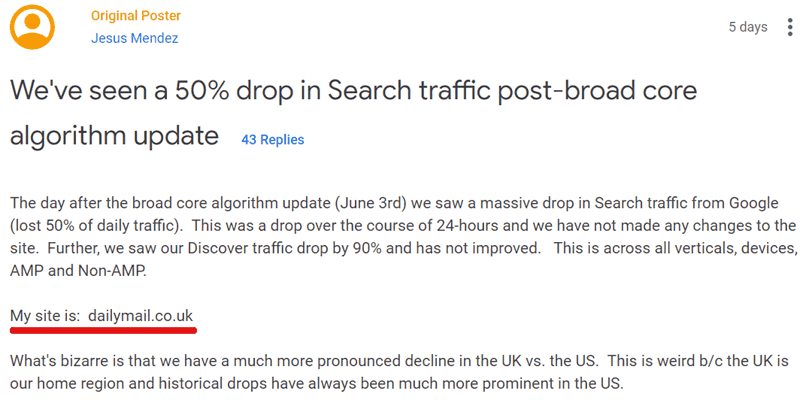 Screenshot of a discussion in Google's Webmaster Help Forums posted by a Daily Mail employee