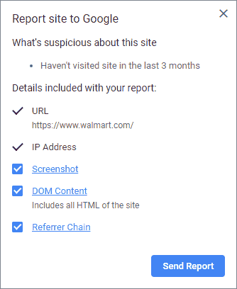 Screenshot of Suspicious Site Reporter extension flagging Walmart as suspicious