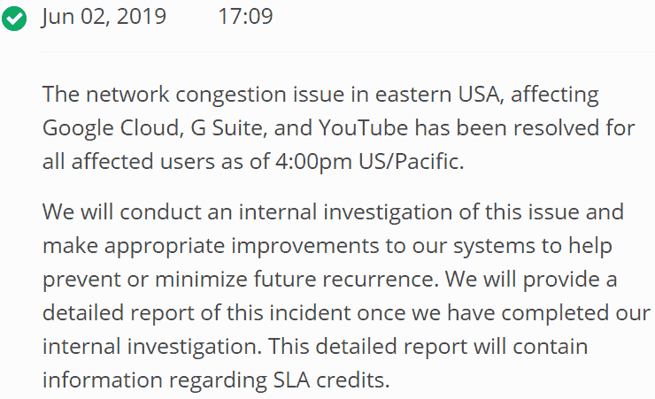 Screenshot of Google announcement that Google Cloud outage has been resolved