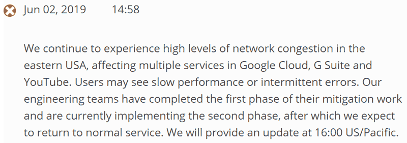 Screenshot of an official Google cloud announcement of an outage