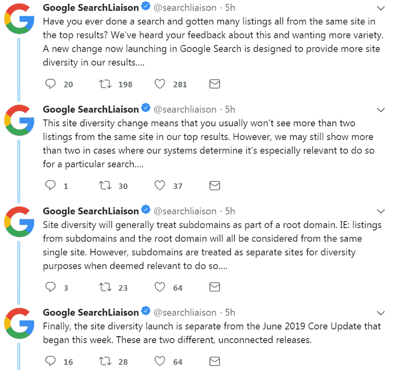 Screenshot of Google's official tweet announcing site diversity change