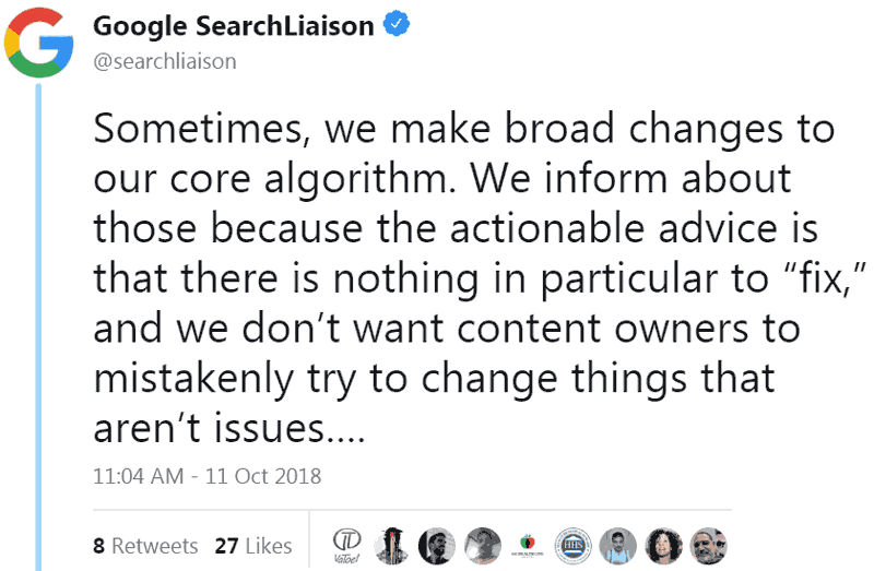 Screenshot of official Google guidance that advises there is nothing to fix in response to Google broad core algorithm updates