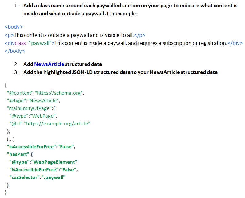 an example of how to indicate paywalled content to comply with Google’s guidelines.